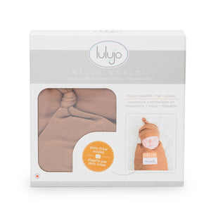 Lulujo Hello World Blanket & Knotted Hat - Tan Brown
