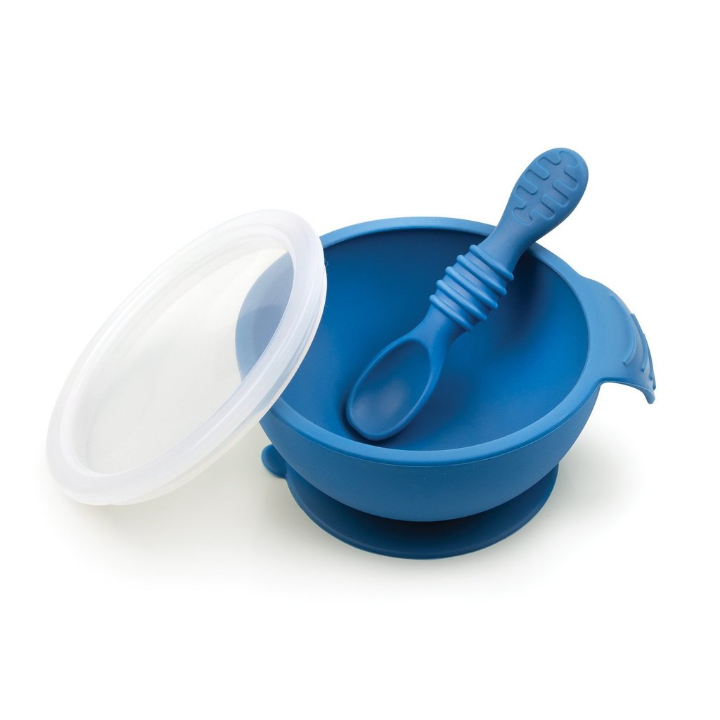 Bumkins Silicone First Feeding Set w/ Lid & Spoon - Deep Blue