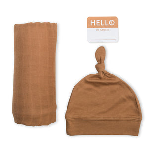 Lulujo Hello World Blanket & Knotted Hat - Tan Brown